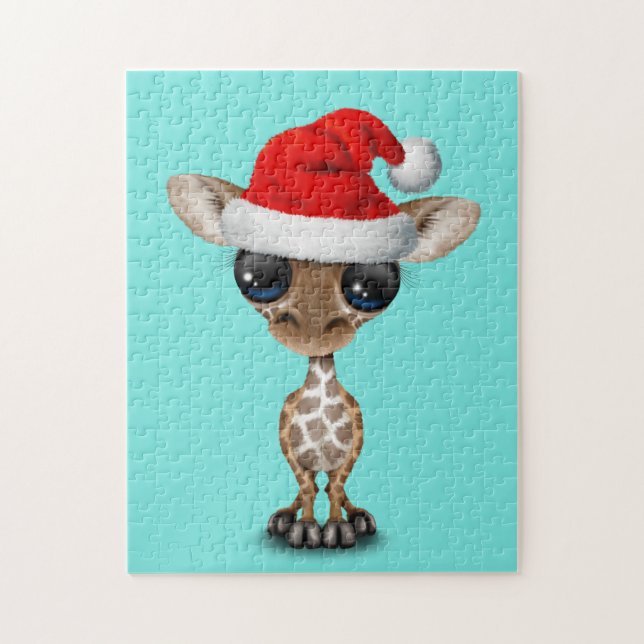 Puzzle Girafe de bébé utilisant un casquette de Père Noël (Vertical)