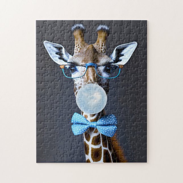Puzzle Girafe portant des lunettes, arc cravate soufflant (Vertical)