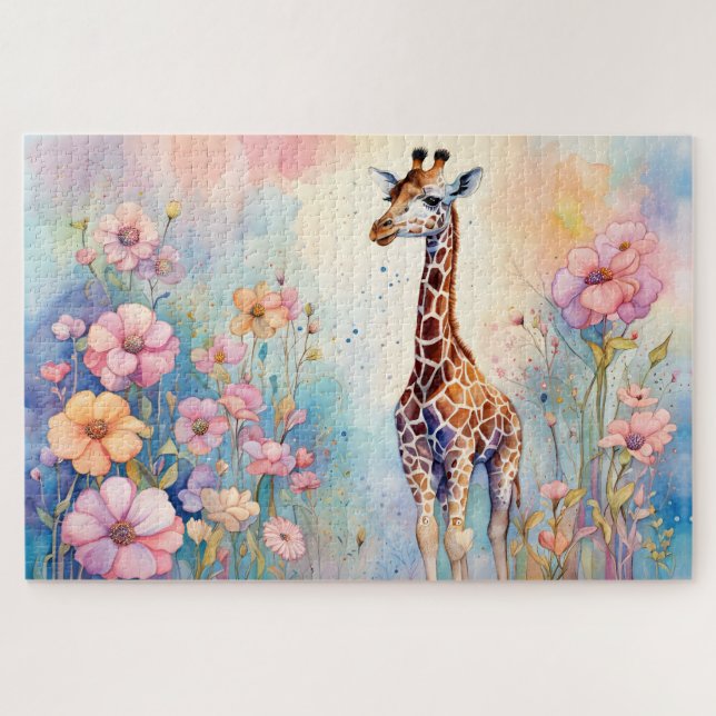 Puzzle Giraffe Cute dans un jardin pastel (Horizontal)
