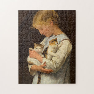 Puzzle Girl with Two Cats, 1888 par Albert Anker