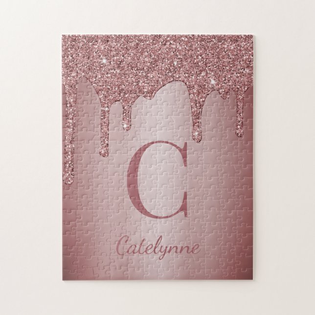 Puzzle Girly Rose Gold Sparkle Glitter Drips monogram (Vertical)