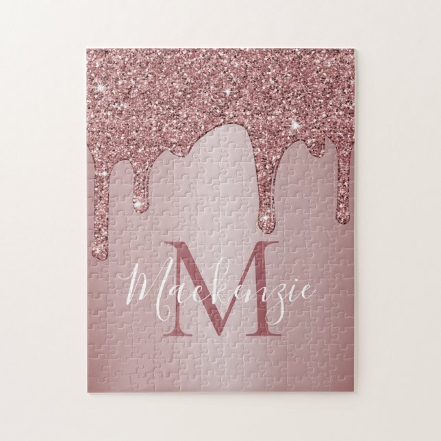 Puzzle Girly Rose Gold Sparkle Glitter Drips monogram (Vertical)