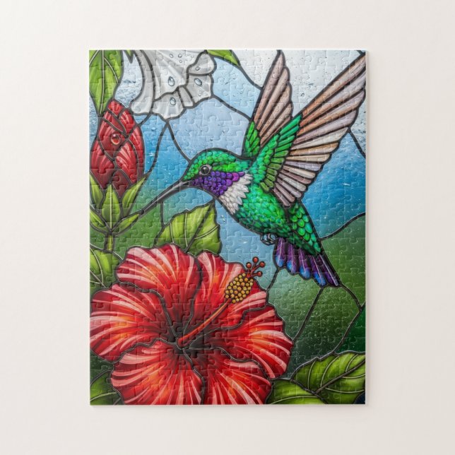 Puzzle Glass Patchwork Hummingbird Garden Floral Mosaic (Vertical)