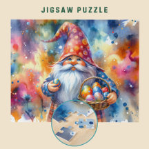 Gnome de Pâques tenant des oeufs colorés et panier