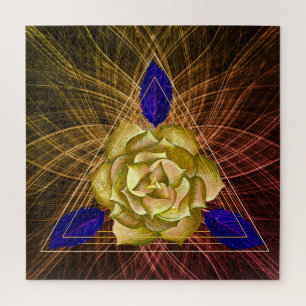 Puzzle Gold and Blue Rose Flower Triangle Shape Floral