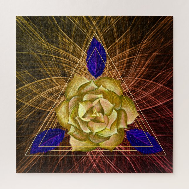 Puzzle Gold and Blue Rose Flower Triangle Shape Floral (Vertical)