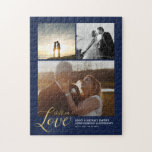 Puzzle Gold & Blue Love Couple Anniversary Photo Collage<br><div class="desc">This custom photo collage puzzle features stylish gold lettering " Still in Love" with custom text. Replace these 3 photo collages with yours and personalize the text with your name and information. A great custom gift for milestone wedding anniversary. More Photo gifts are available at my shop BaraBomDesign.</div>