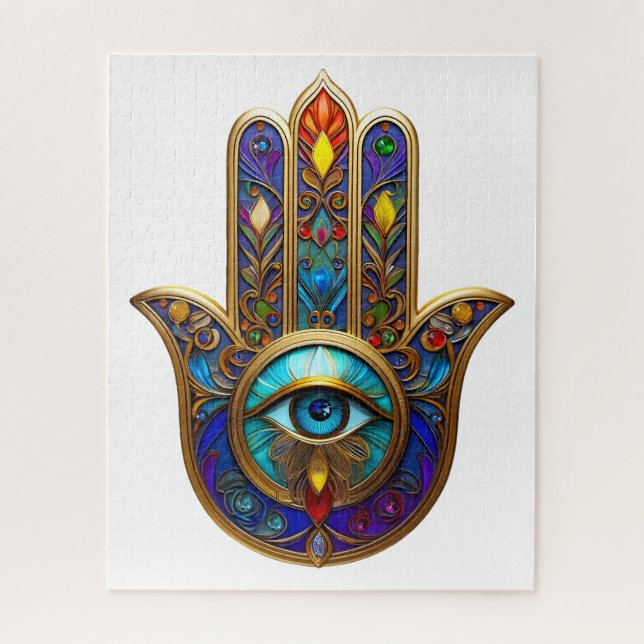 Puzzle Gold Colorful Hamsa Turquoise Sapphire Third Eye  (Vertical)