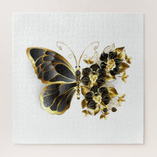 Puzzle Gold Flower Butterfly with Black Orchid