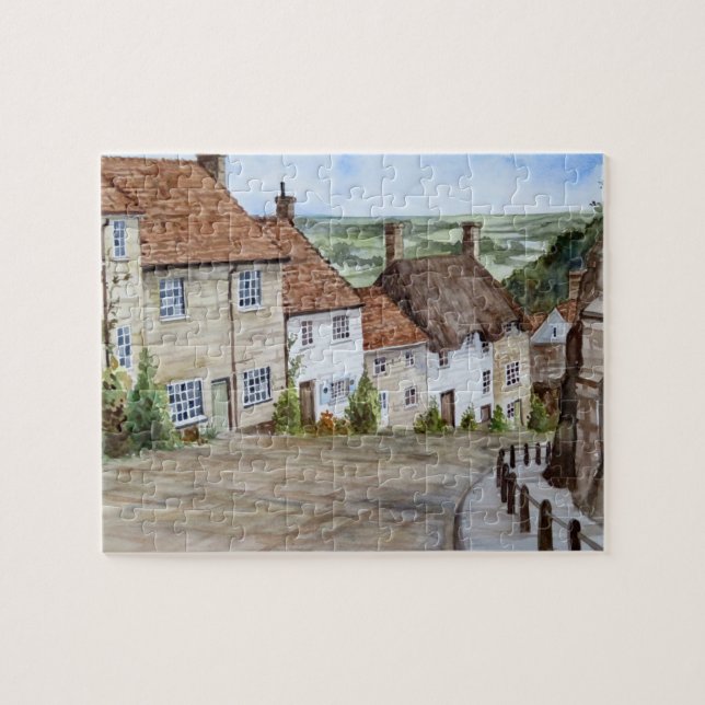 Puzzle Gold Hill, Shaftesbury, Dorset Watercolor Painting (Horizontal)