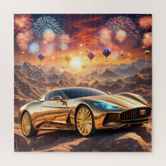 Puzzle golden luxury car in a desert landscape