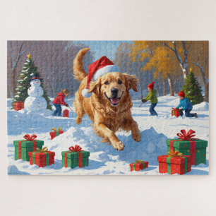 Puzzle Golden Retriever dans la neige avec un chapeau de 