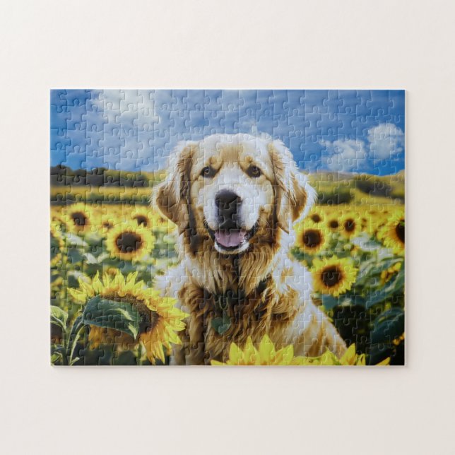 Puzzle Golden Retriever dans un champ de tournesol (Horizontal)