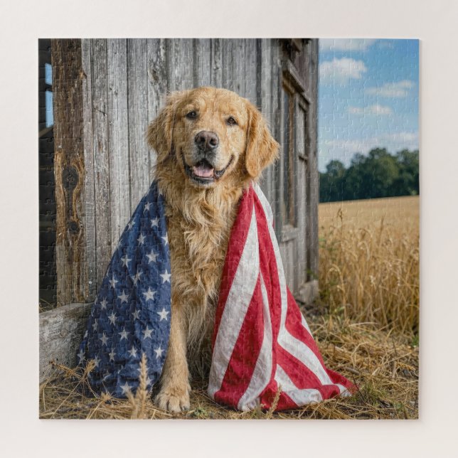 Puzzle Golden Retriever drapé dans un drapeau américain (Vertical)