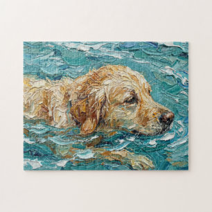 Puzzle Golden Retriever nageant dans une couleur bleu tur