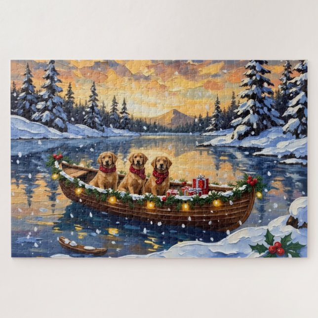 Puzzle Golden Retriever Noël Bateau Fêtes (Horizontal)