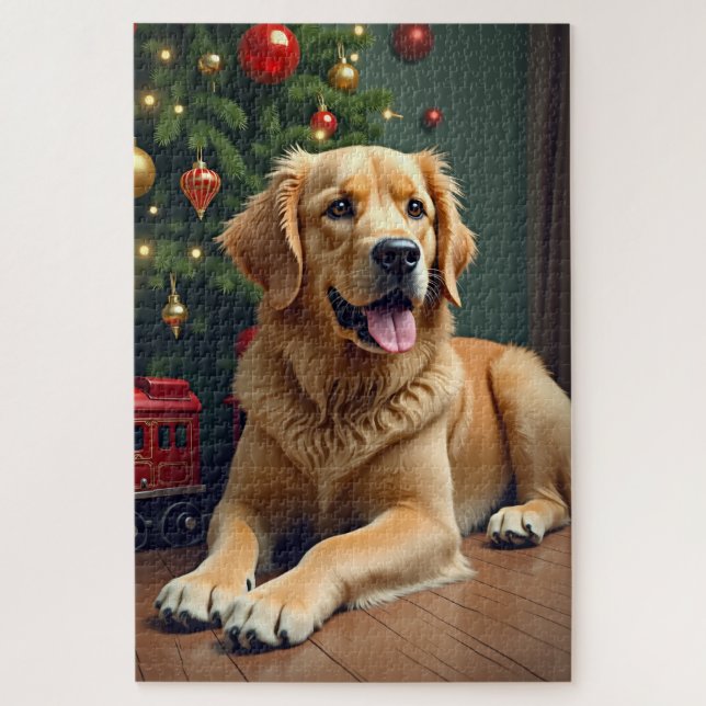 Puzzle Golden Retriever près du train jouet de Noël (Vertical)