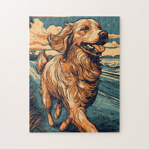 Puzzle Golden Retriever sur une plage tropicale au couche