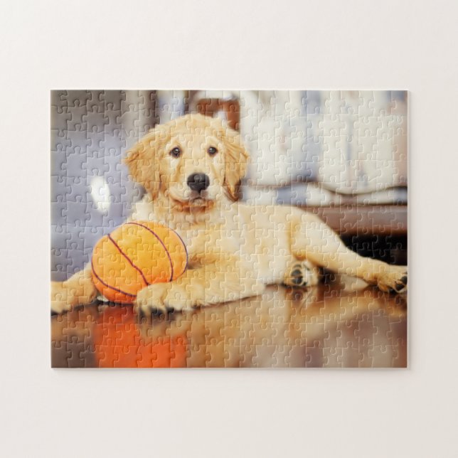 Puzzle Golden Retriever With Basketball Toy (Horizontal)
