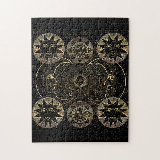 Puzzle Golden Sun Moon Stars Art d'astronomie céleste (Vertical)