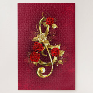 Puzzle Golden Treble Clef avec fleurs Roses