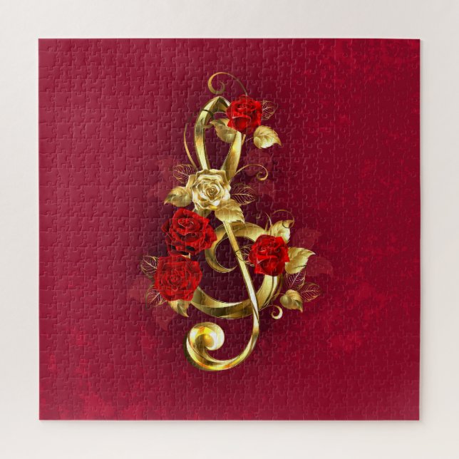 Puzzle Golden Treble Clef avec fleurs Roses (Vertical)