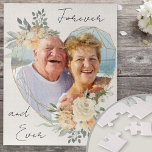 Puzzle Golden Wedding Heart Forever and Ever Photo<br><div class="desc">Custom Photo Canvas displaying your favorite photo in a geometric heart shaped gold frame. The frame is decorated with watercolor bouquets of cream and apricot flowers. It is lettered with the wording "forever and ever" in elegant casual, handwritten script on a neutral, almond white background, all of which you can...</div>
