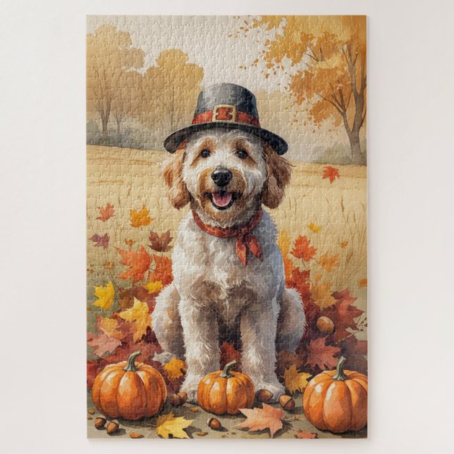 Puzzle Goldendoodle À L'Automne Laisse L'Art Thanksgiving (Vertical)
