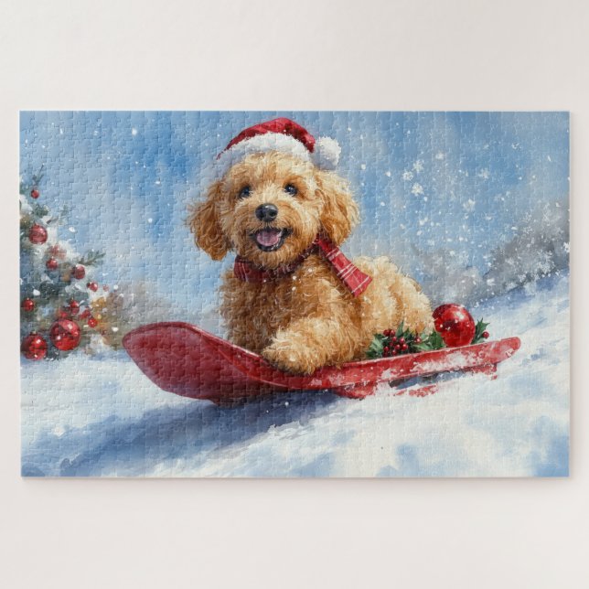 Puzzle Goldendoodle Chien en Luge Laissez Tomber la Neige (Horizontal)