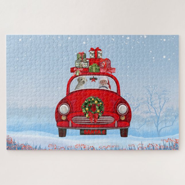 Puzzle Goldendoodle Chien En Voiture Avec Le Père Noël (Horizontal)
