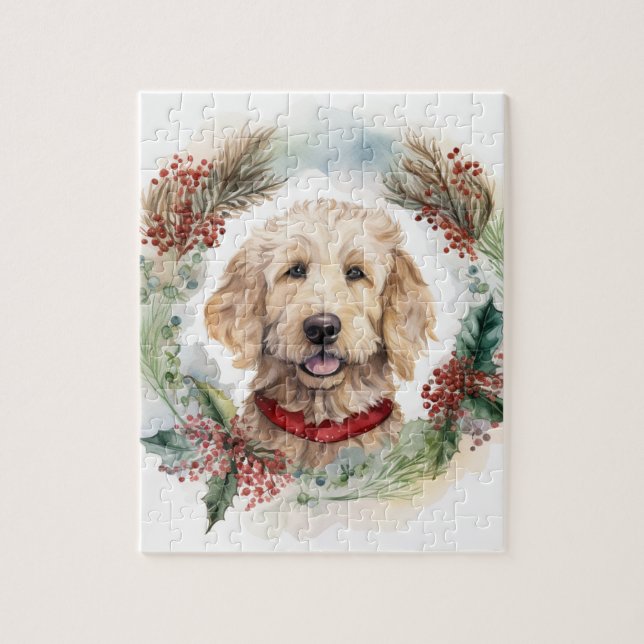 Puzzle Goldendoodle Christmas Wreath Festive Pup (Vertical)