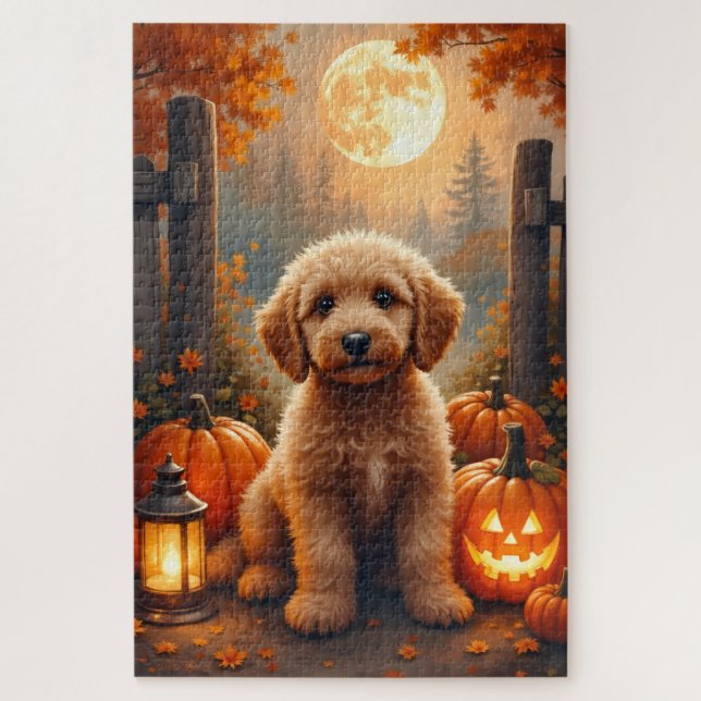 Puzzle Goldendoodle Cozy Pumpkin Farm Halloween Art (Vertical)