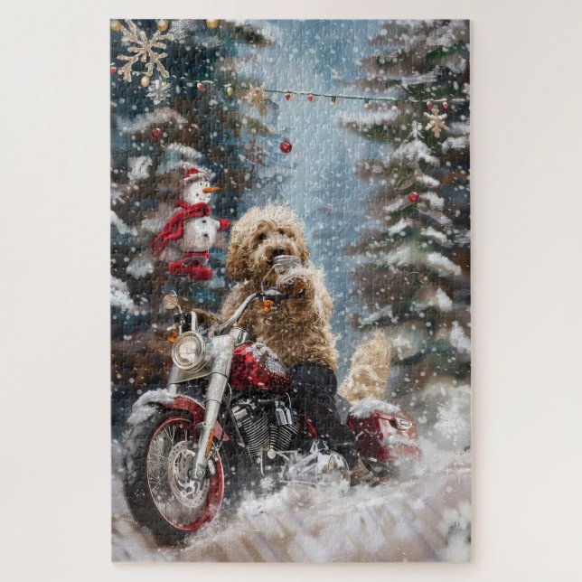 Puzzle Goldendoodle Dog Riding Motorcycle Christmas  (Vertical)
