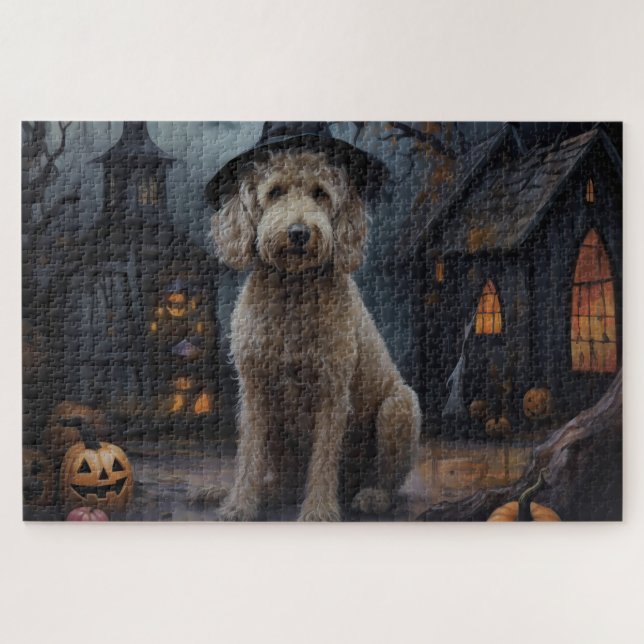 Puzzle Goldendoodle Pumpkins Halloween Scary (Horizontal)