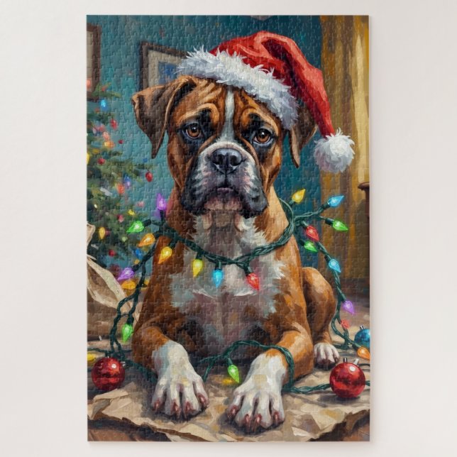 Puzzle Goofy Boxer Dog Tangled in Christmas Lights (Vertical)