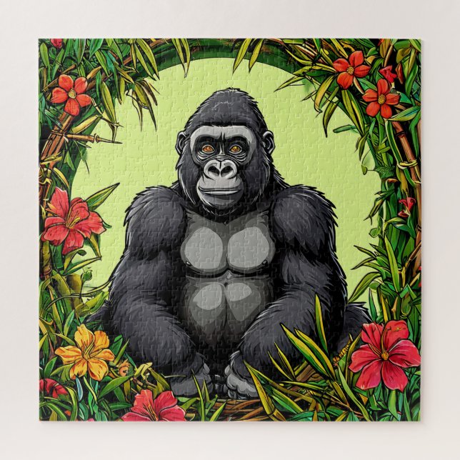 Puzzle Gorille dans un cadre de bambou tropical (Vertical)