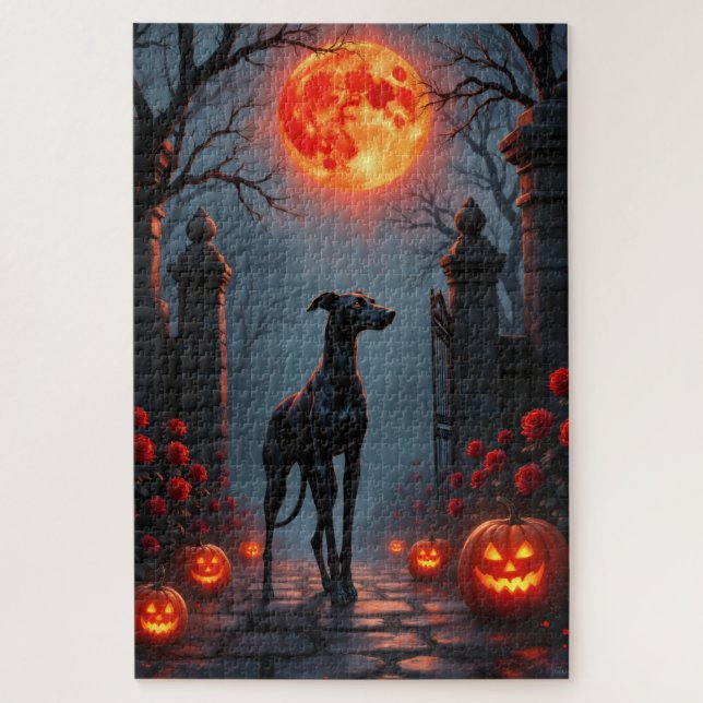 Puzzle Gothic Moonlight Halloween Art Greyhound (Vertical)