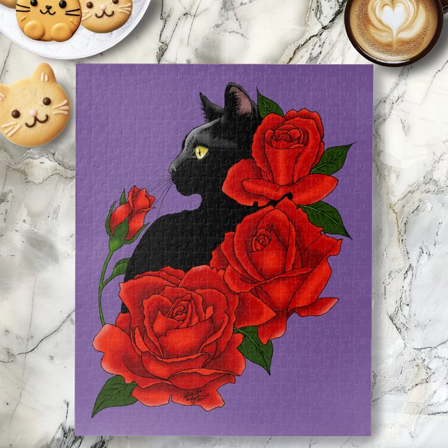 Puzzle Gothique Chat Noir Roses Rouges Violet (Créateur téléchargé)