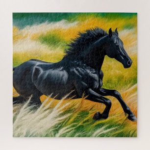 Puzzle Graceful Black Horse Galloping dans le champ animé