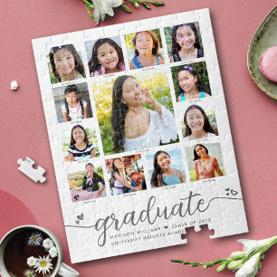 Puzzle Graduation K-12 Modern Script Photo Collage Blanc