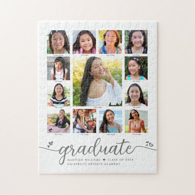 Puzzle Graduation K-12 Modern Script Photo Collage Blanc (Vertical)
