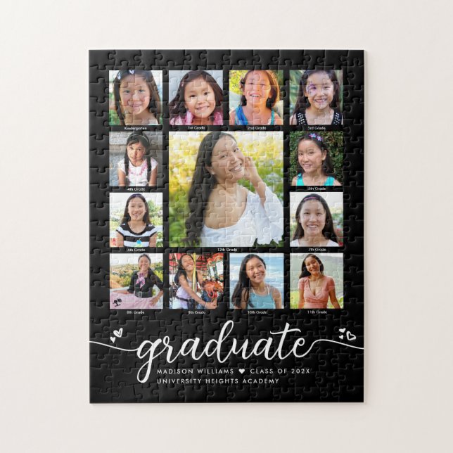 Puzzle Graduation K-12 Modern Script Photo Collage noir (Vertical)