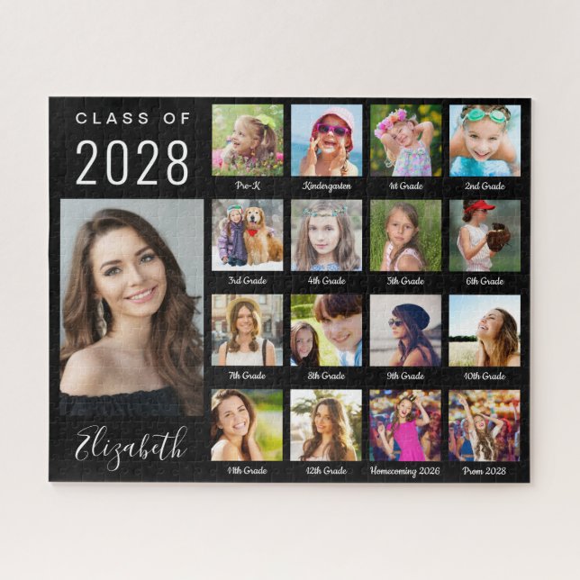 Puzzle Graduation moderne 17 Photo Collage Script noir (Horizontal)