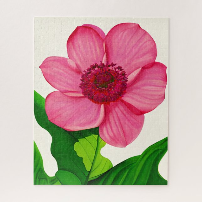 Puzzle Grand anémone rose avec Feuilles vert émeraude (Vertical)