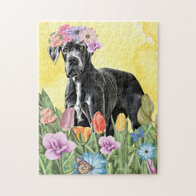 Puzzle Grand Chien Danois avec Fleurs Printemps (Vertical)