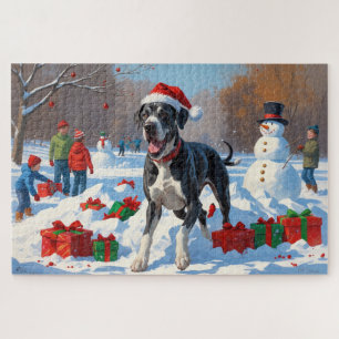 Puzzle Grand Danois courant dans la neige avec un chapeau