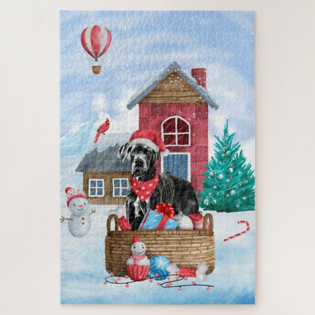 Puzzle Grand Danois dans la maison de Noël enneigée pour  (Vertical)