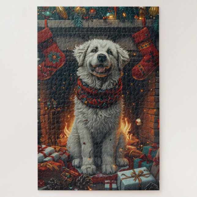 Puzzle Grand Pyrenees Chien Avec Cheminée Cadeaux De Noël (Vertical)
