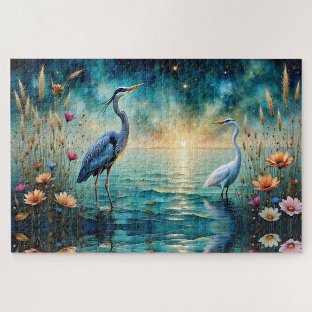 Puzzle Grande Héron bleu & fleurs d'aigrette dans l'eau (Horizontal)