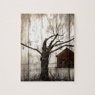 Puzzle Grange primitive de rouge d'arbre d'hiver de fibre